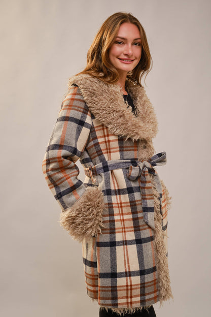 Plaid Fur Belted Coat