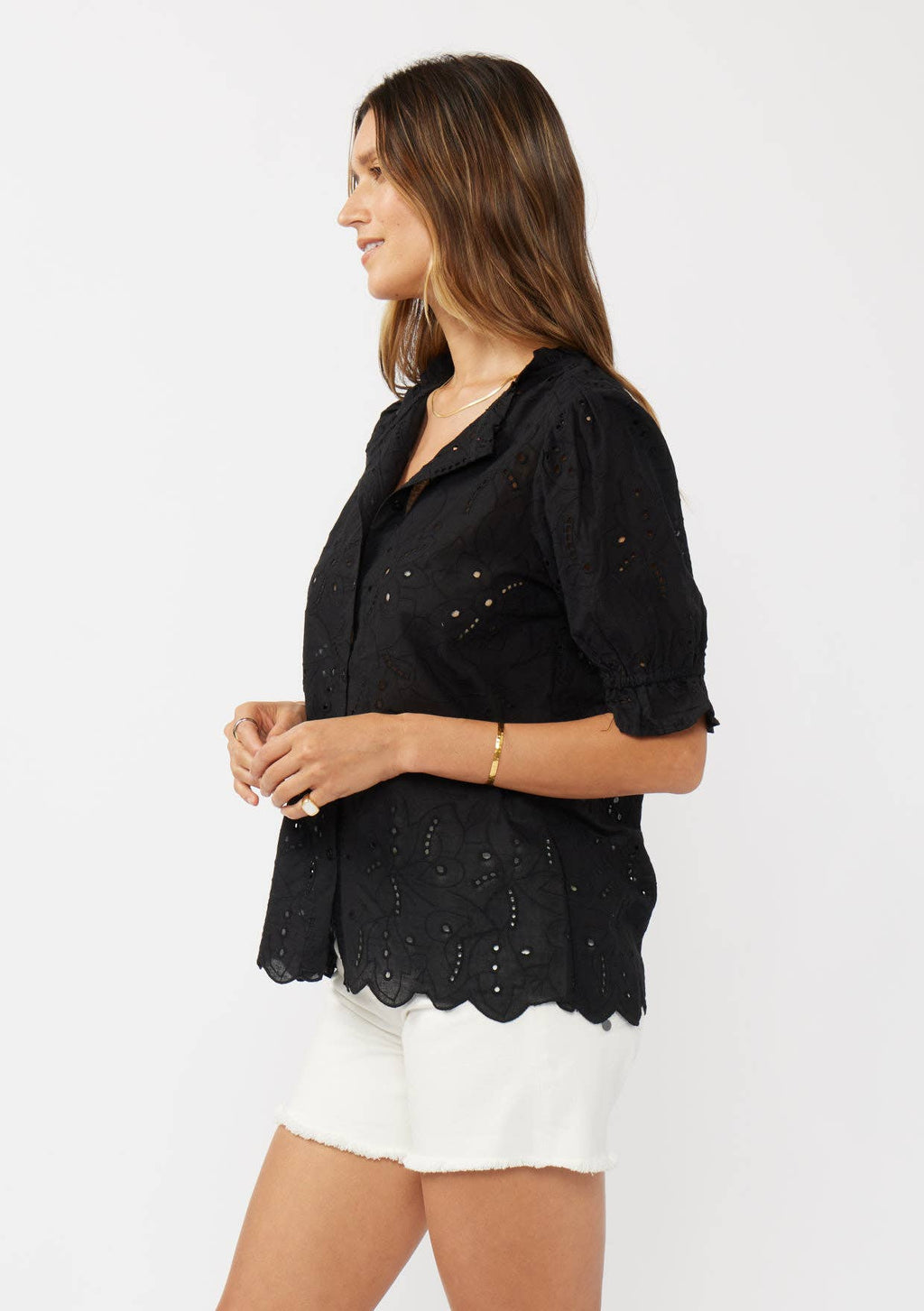 Black Eyelet Cotton Button Up Top