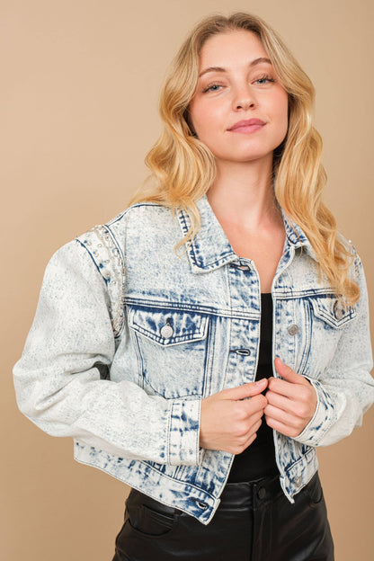 80037J - Acid Washed Shoulder Beading Denim Jacket