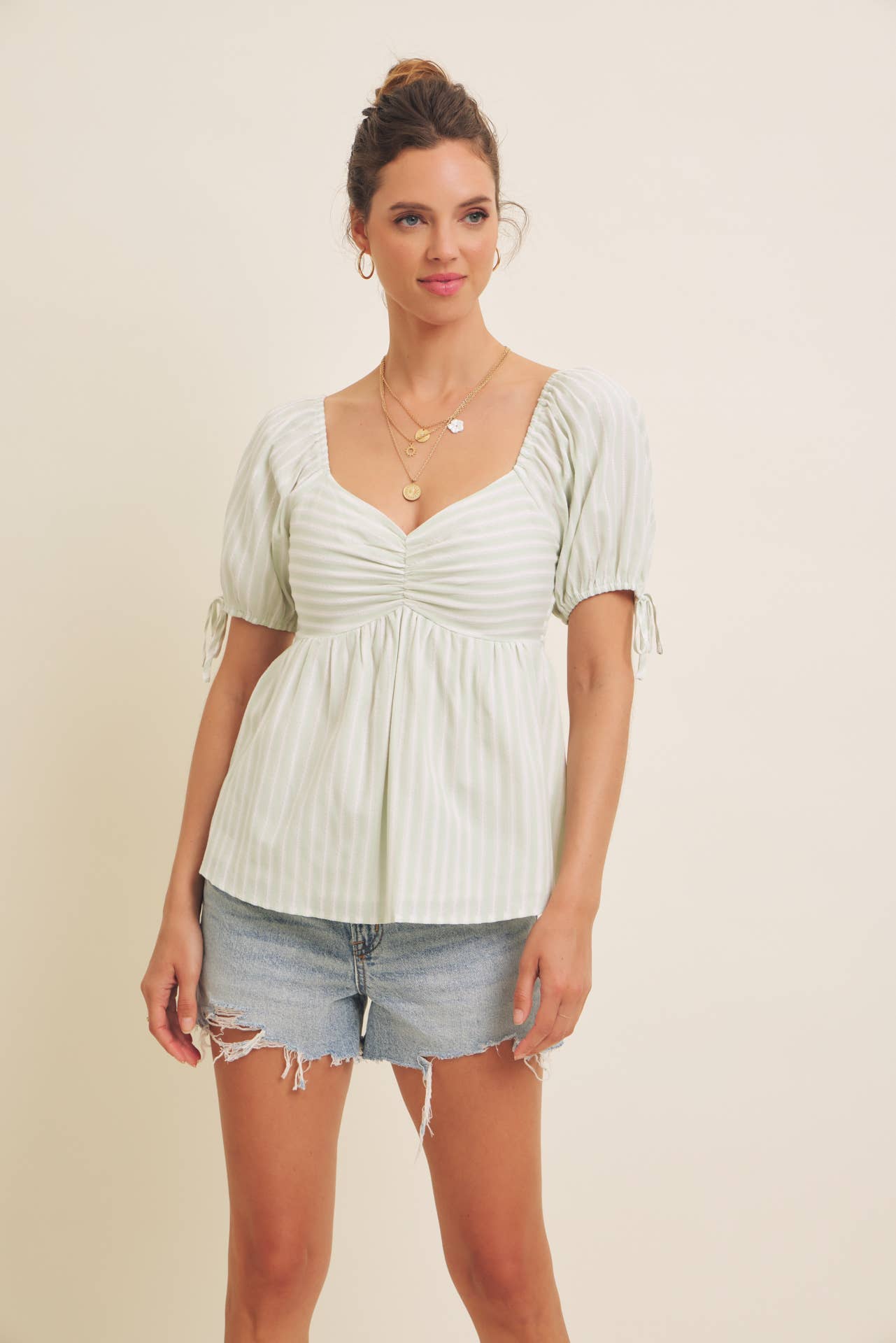 MADE FOR SUNSHINE, TEXTURED STRIPE BABYDOLL TOP WITH BOWS