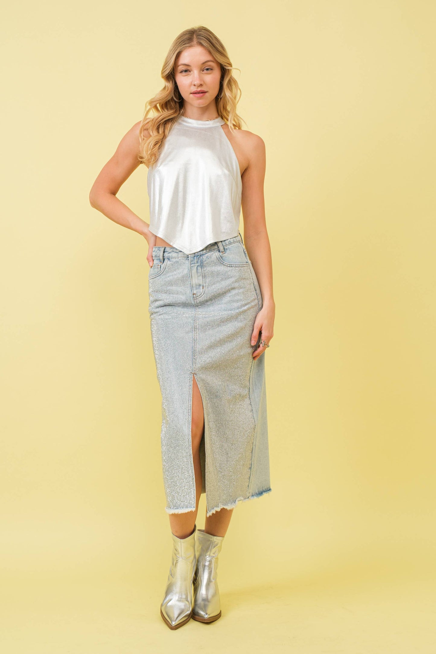 Sparkle Studded Slit Center Midi Skirt