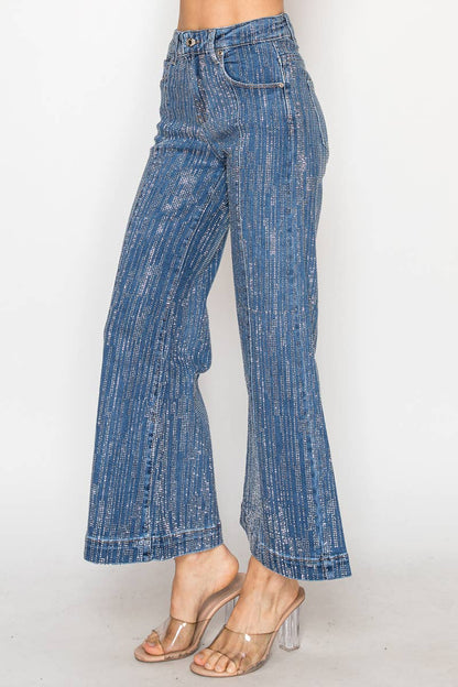 NR2322 - Stone embellished 5 pocket blue denim wide leg jean