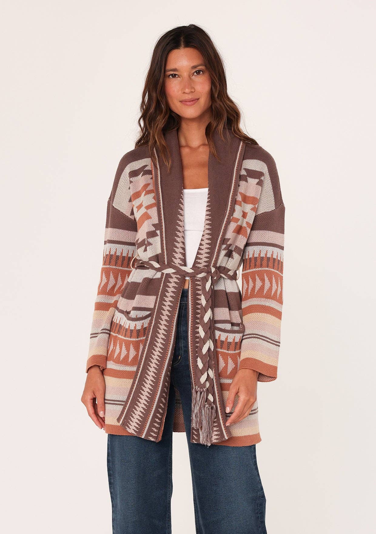 Aztec Sweater Cardigan With Braided Belt