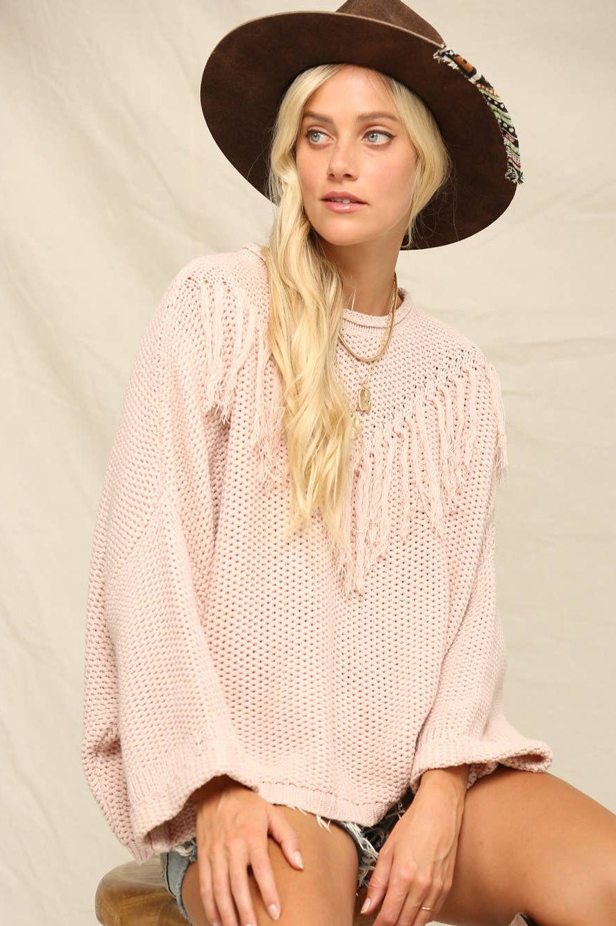 Oversized soft Knit Pullover Sweater with fringe