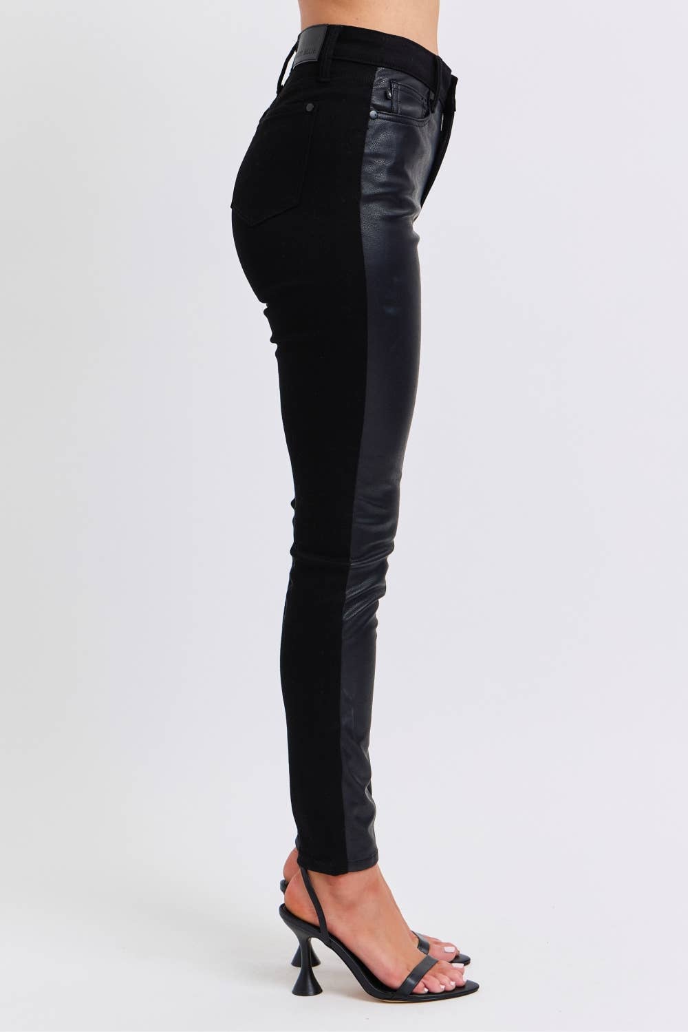 High Waisted Faux Leather & Denim Skinny