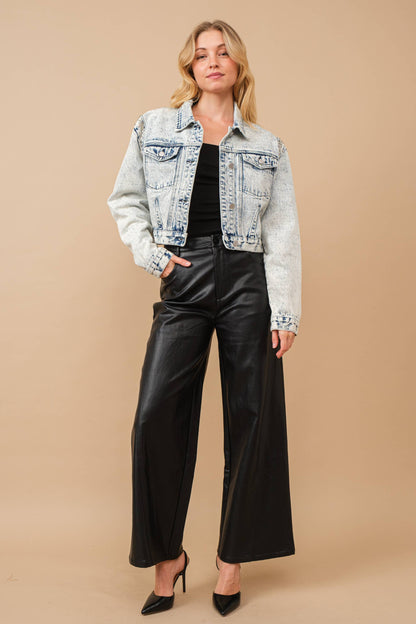 80037J - Acid Washed Shoulder Beading Denim Jacket