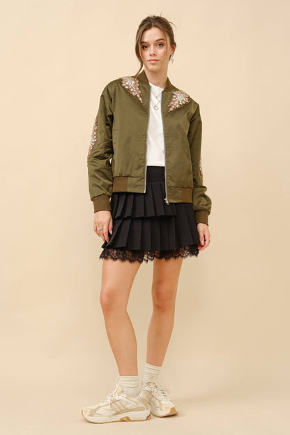22872J - Jeweled Embellished Bomber Jacket