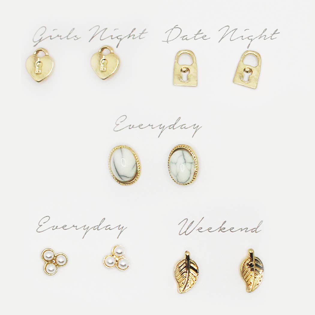 5 Pairs Multi-Designed Stud Earrings Set Gift Box