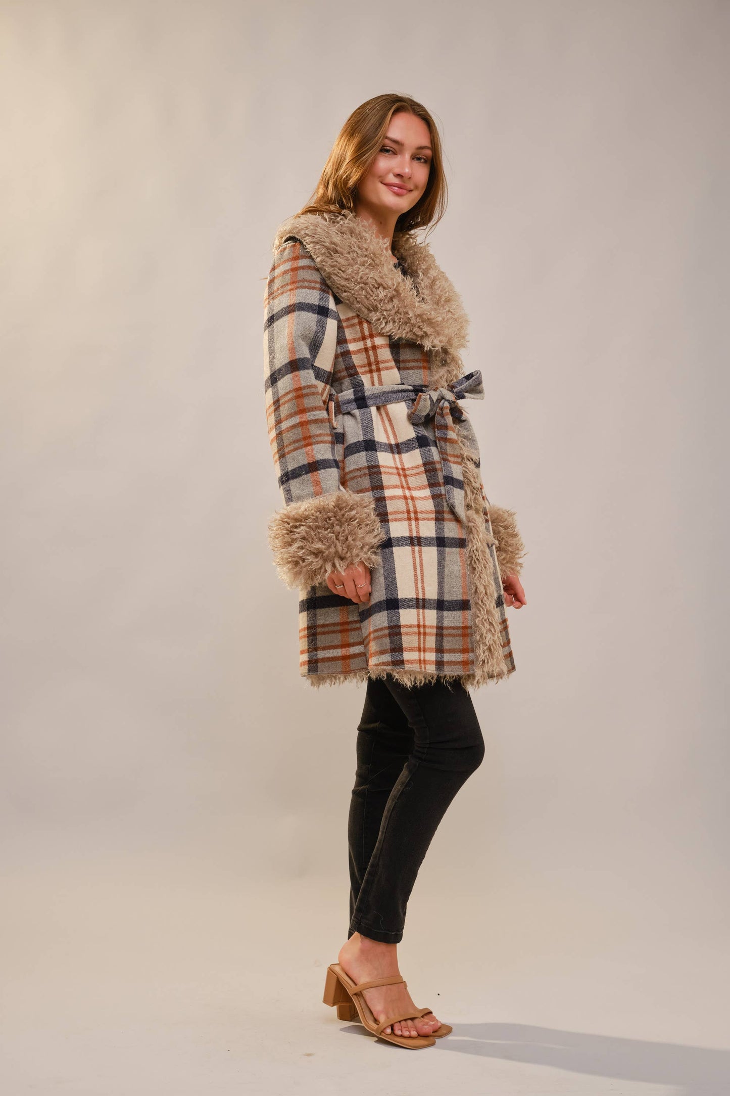 Plaid Fur Belted Coat