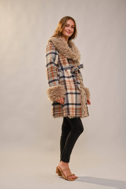 Plaid Fur Belted Coat