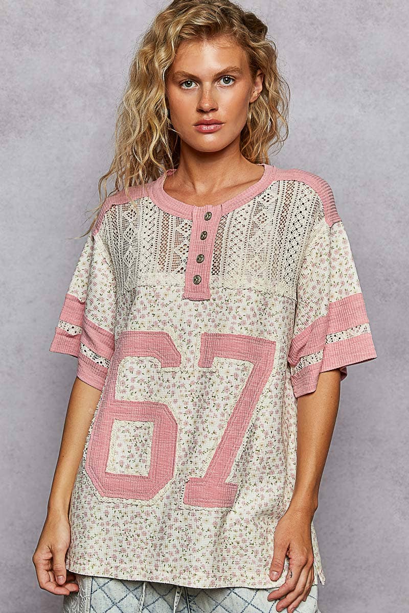 Round neck short sleeve floral print knit top