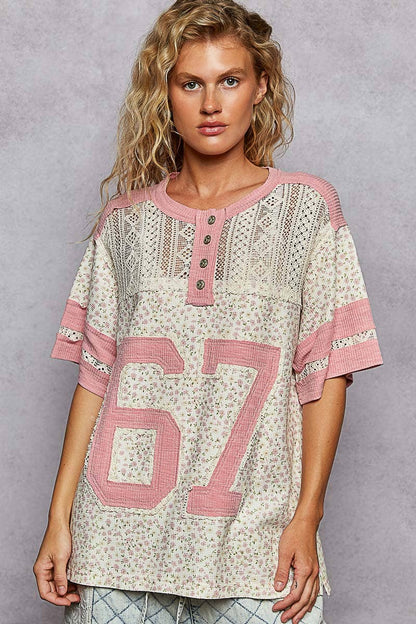 Round neck short sleeve floral print knit top