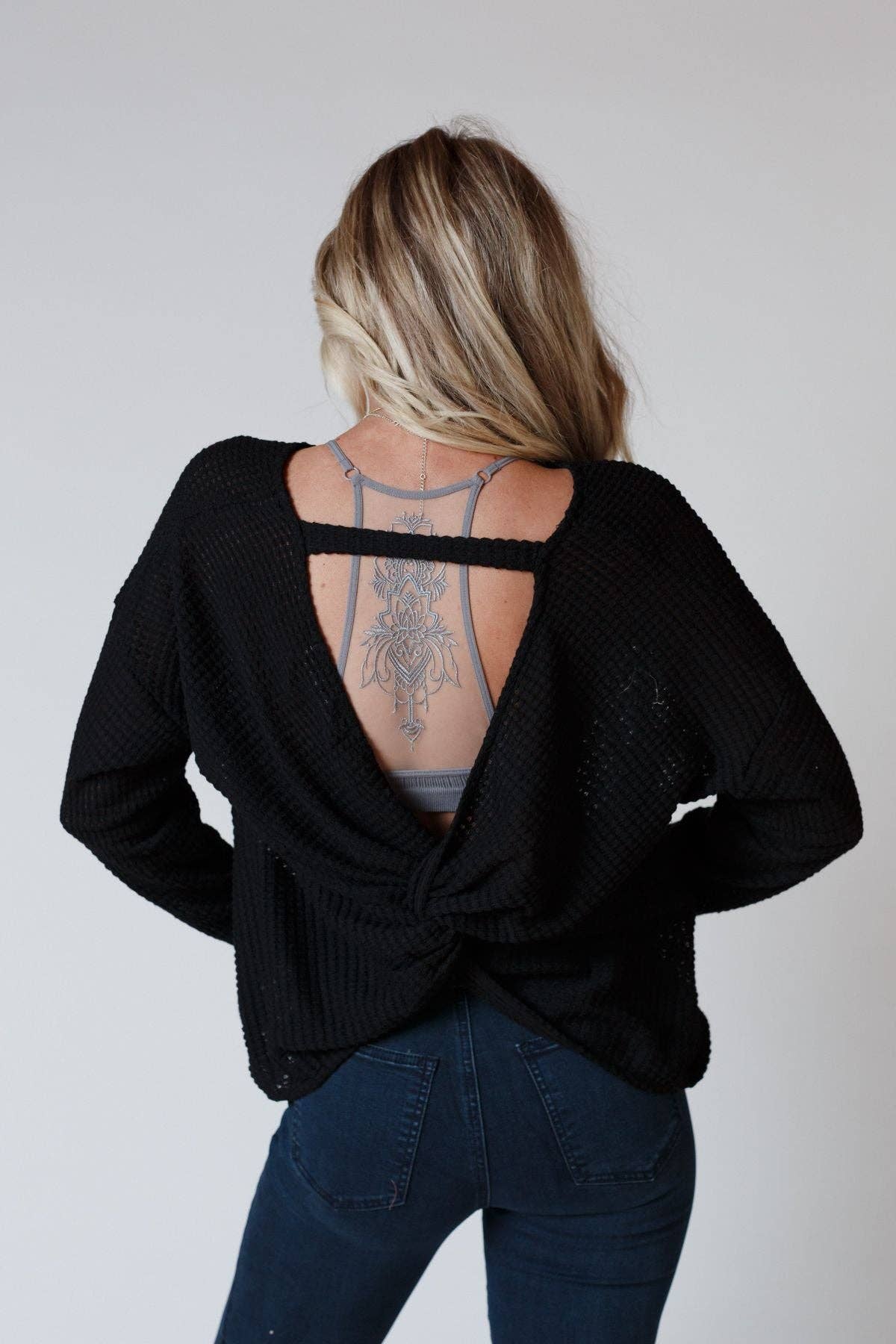 Flattering Open Back Fall Thermal Knit Top - Black