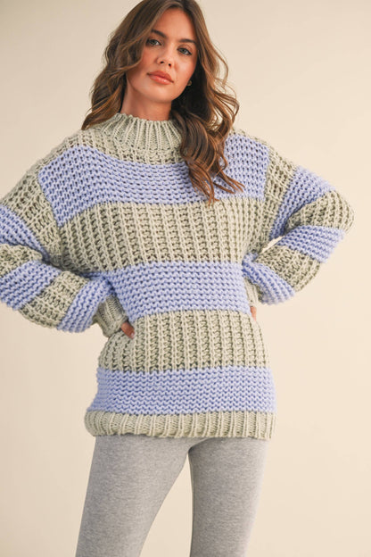 STRIPED COLOR BLOCK CHUNKY SWEATER TOP