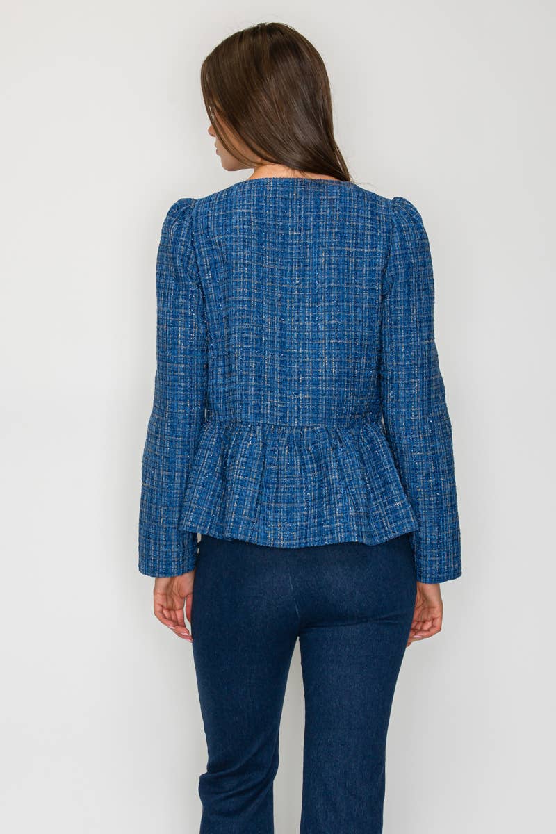 Classic Boucle Peplum Jacket in Denim Blue - LWJ1172
