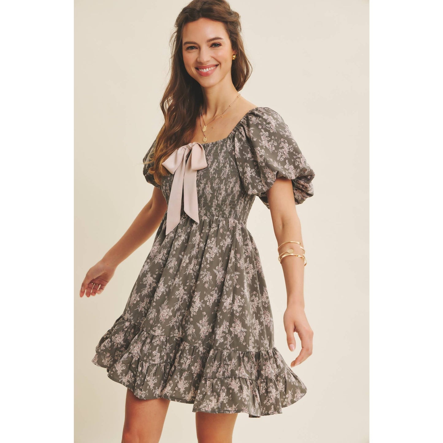 Floral Smocked Mini Dress With Bow