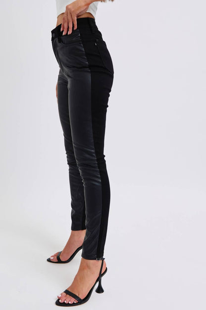 High Waisted Faux Leather & Denim Skinny