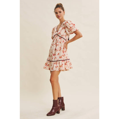 DARLING BUBBLE SLEEVED MINI DRESS WITH CONTRAST BOW