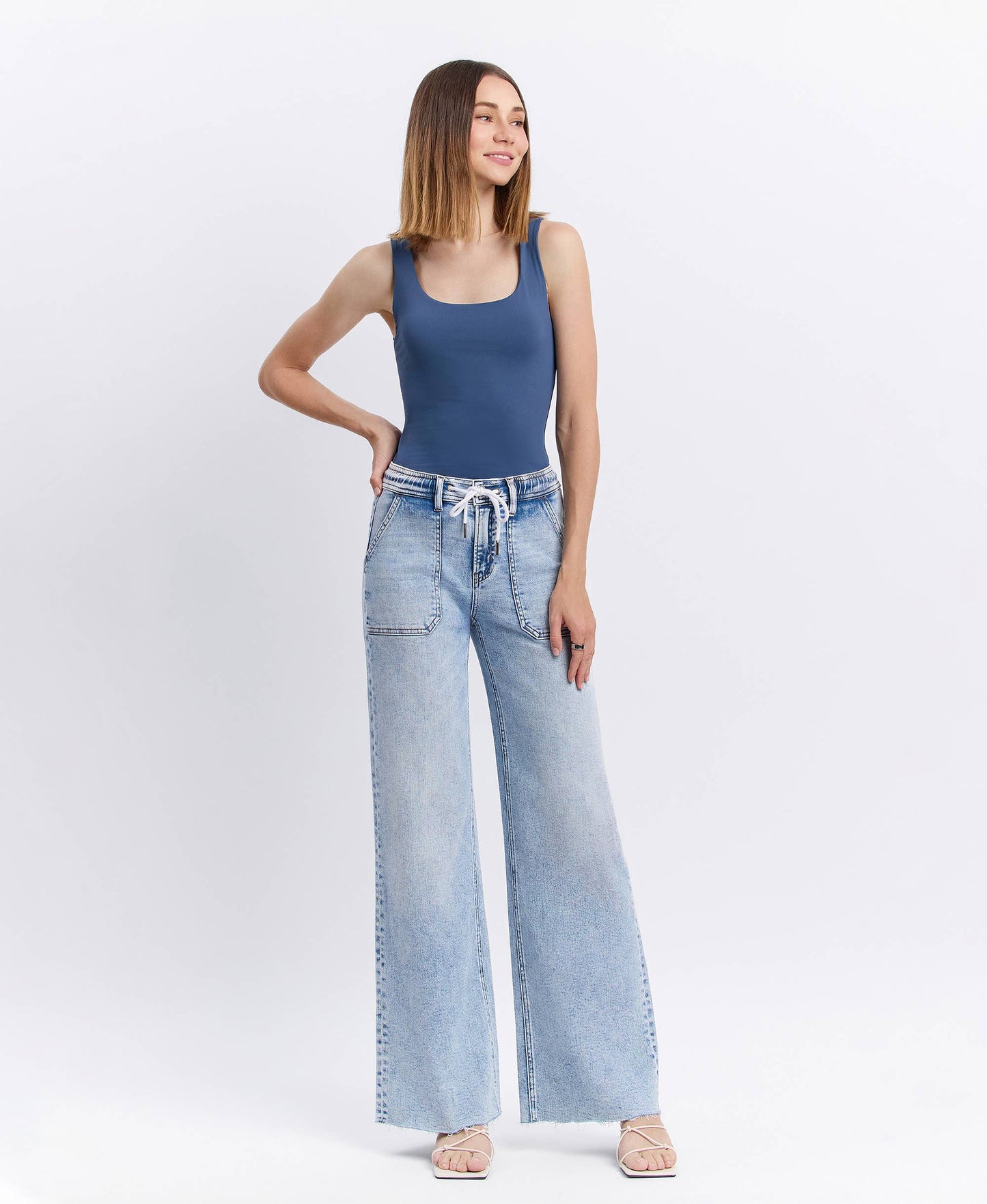 Flying Monkey- High Rise Drawstring Waistband Wide Leg Jeans