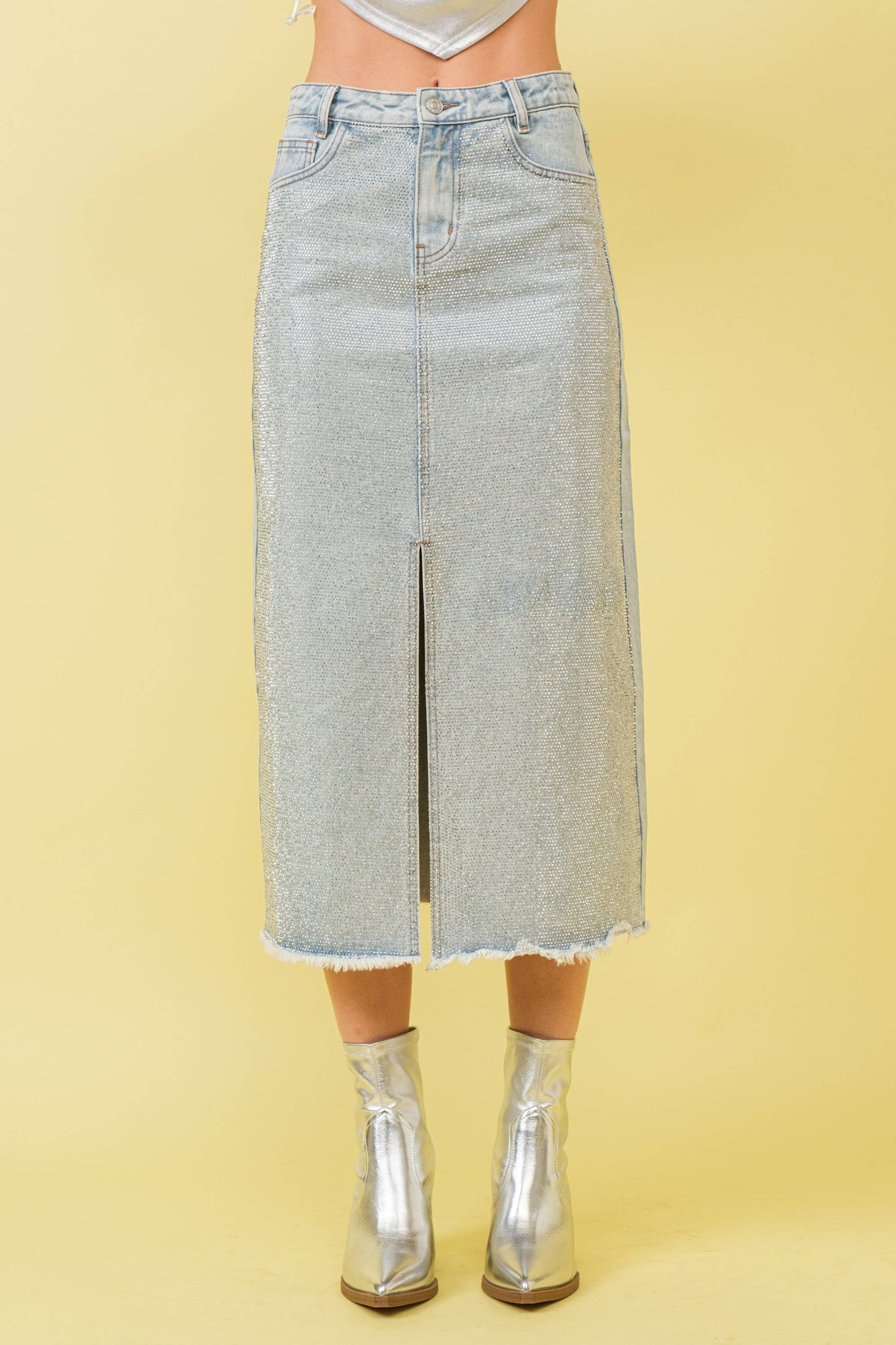 Sparkle Studded Slit Center Midi Skirt