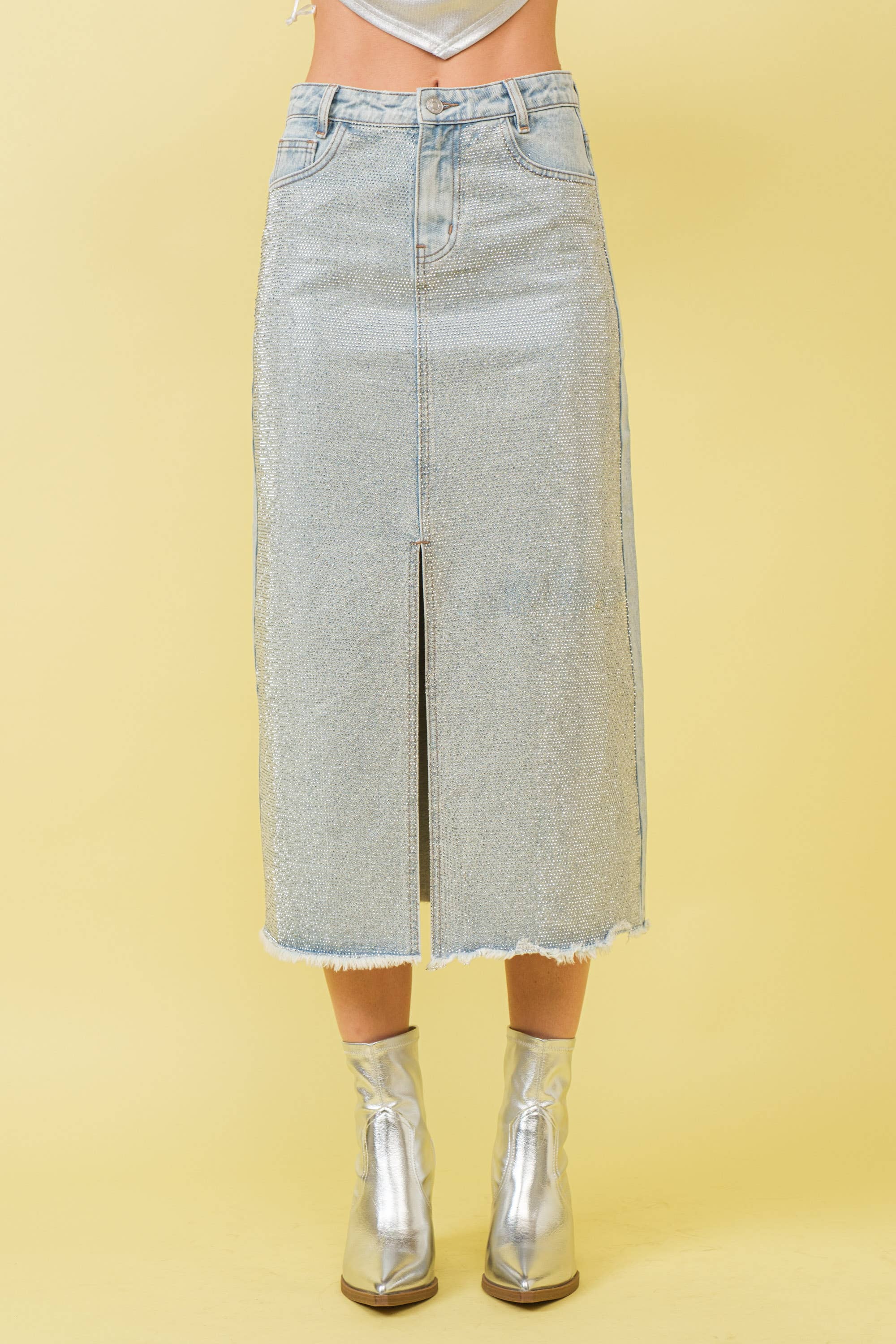 Sparkle Studded Slit Center Midi Skirt