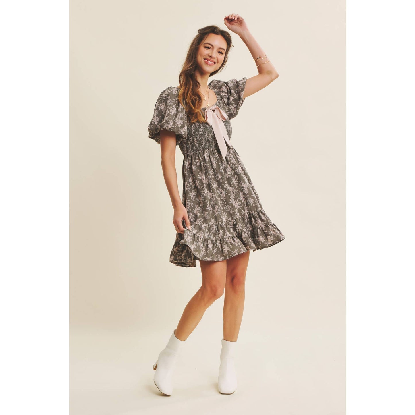 Floral Smocked Mini Dress With Bow