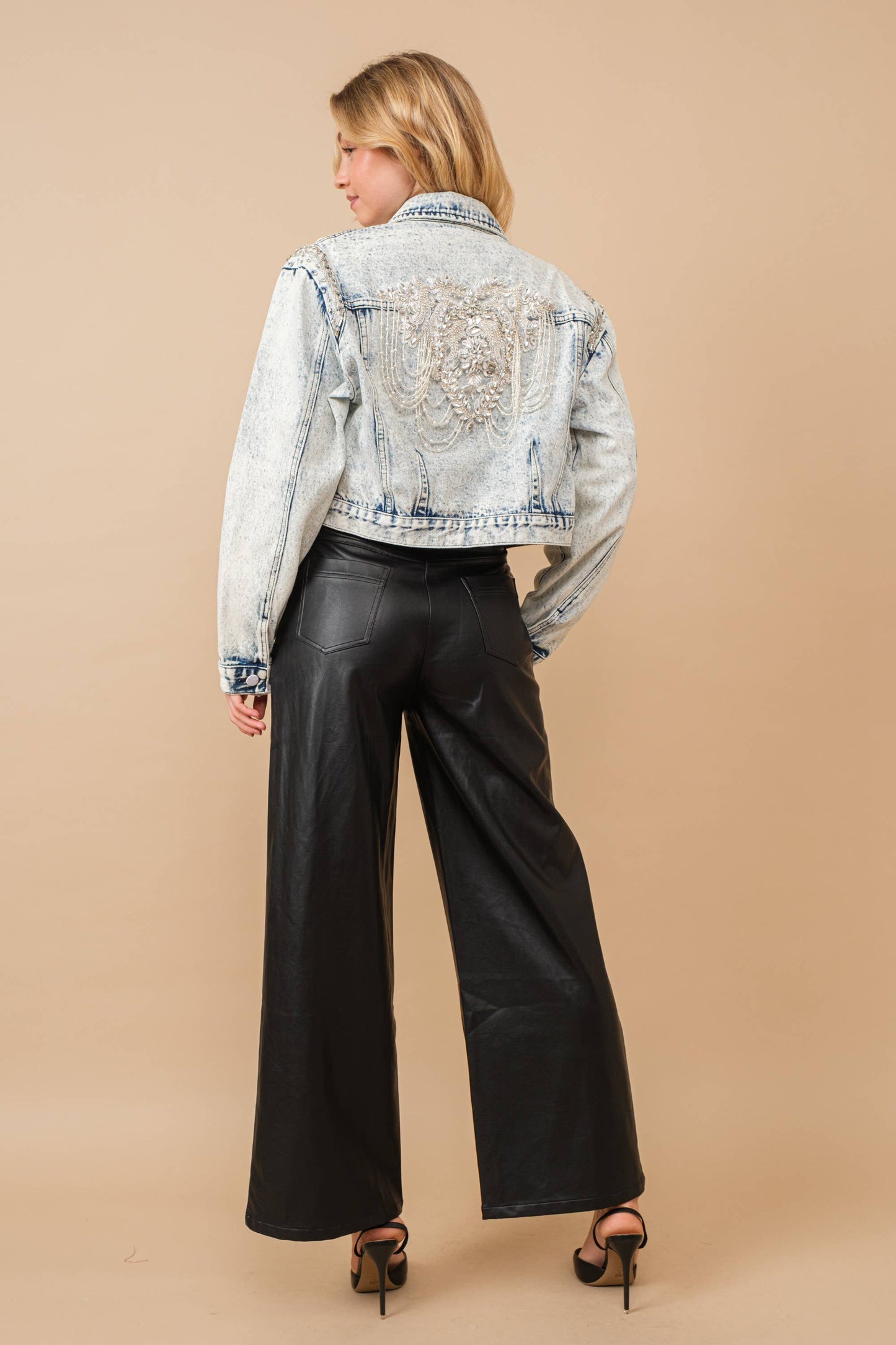 80037J - Acid Washed Shoulder Beading Denim Jacket