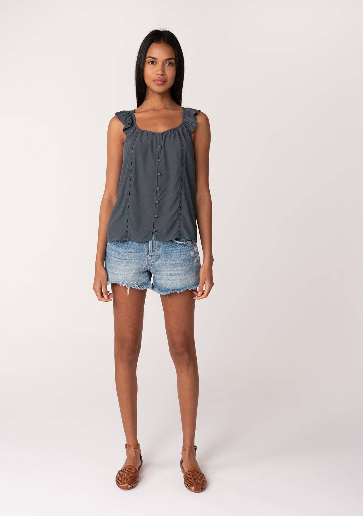 Ruffle Strap Button Down Tank