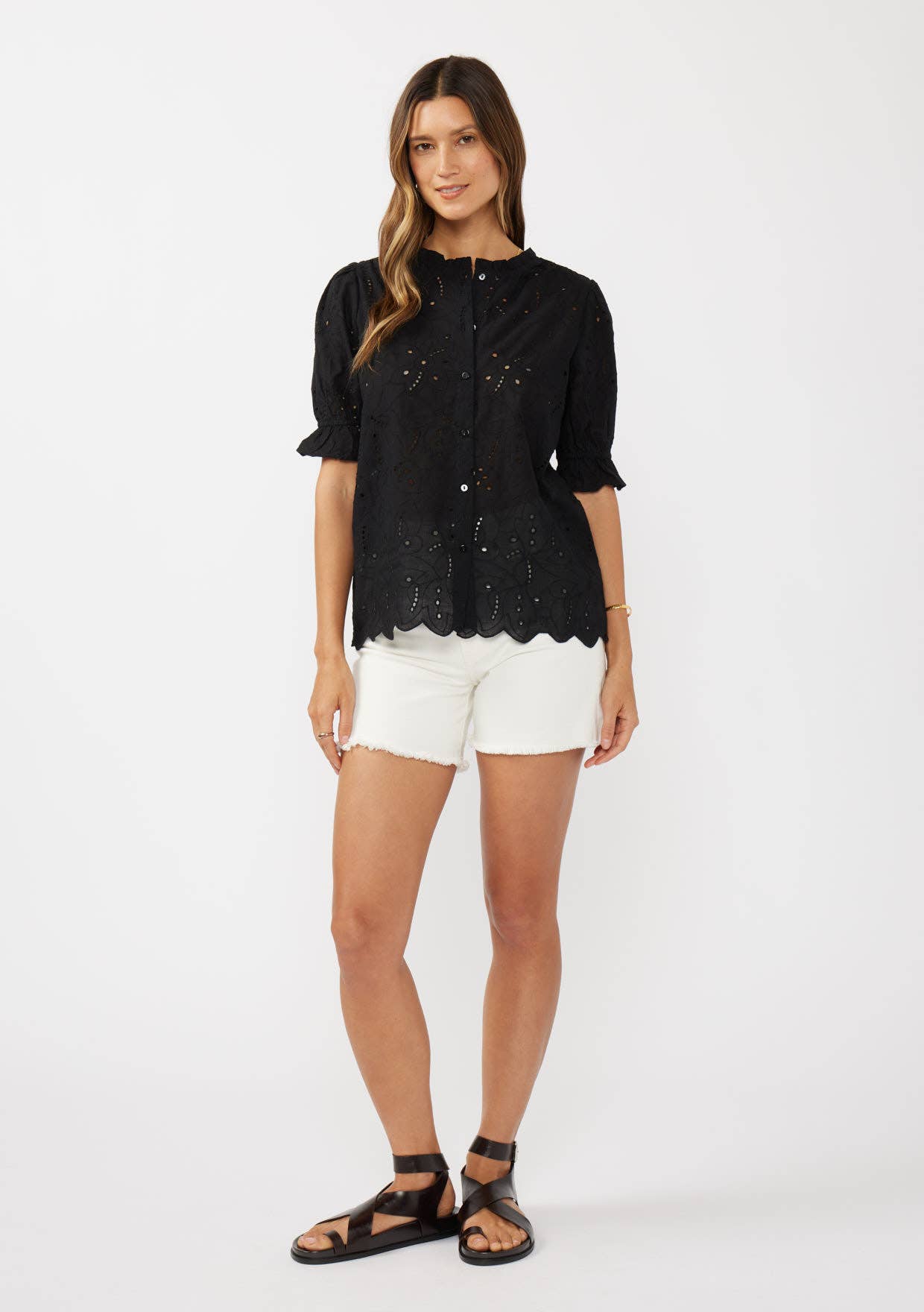 Black Eyelet Cotton Button Up Top