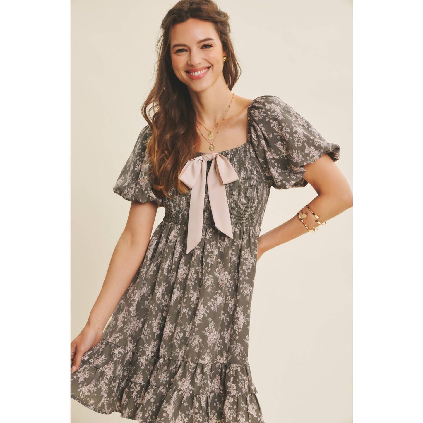 Floral Smocked Mini Dress With Bow