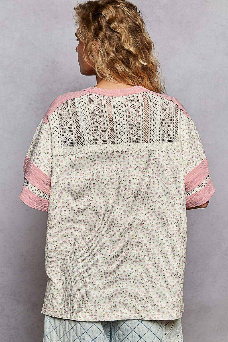 Round neck short sleeve floral print knit top