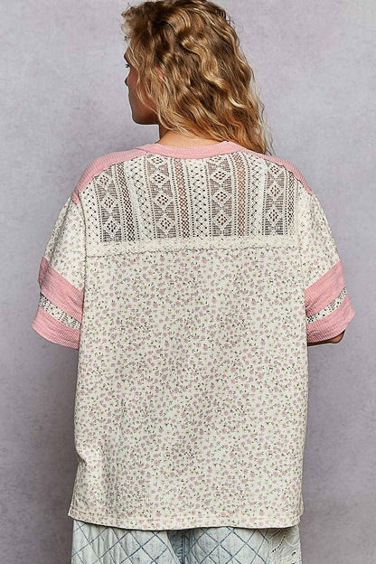 Round neck short sleeve floral print knit top
