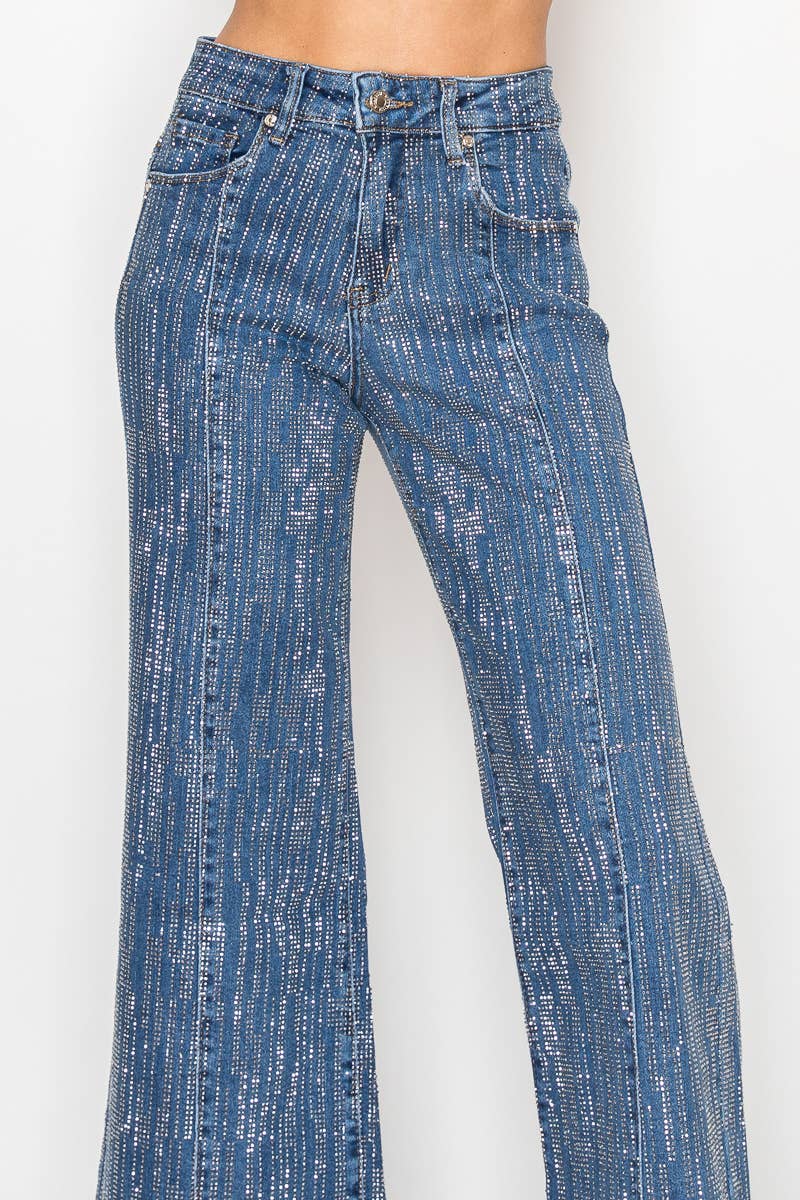 NR2322 - Stone embellished 5 pocket blue denim wide leg jean