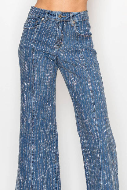 NR2322 - Stone embellished 5 pocket blue denim wide leg jean
