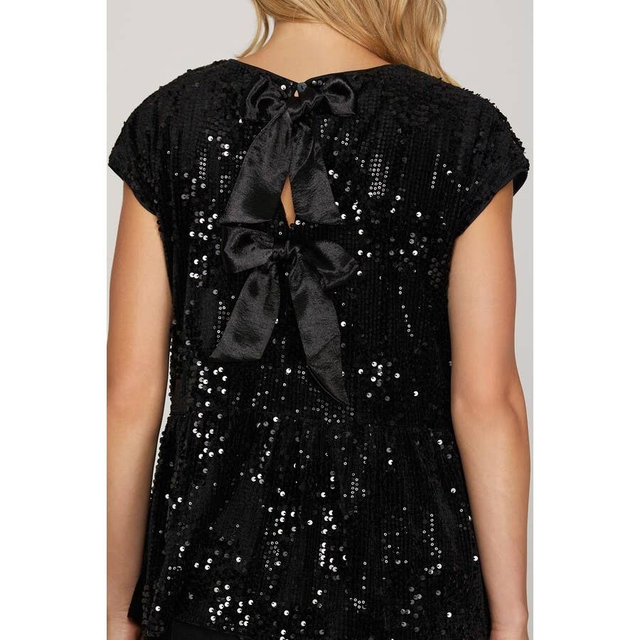 Drop Shoulder Sequins Top w_Contrast Back Bow Tie