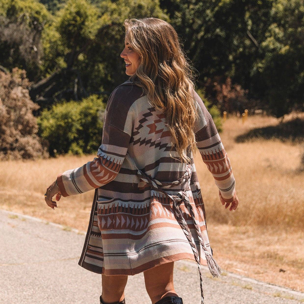 Aztec Sweater Cardigan With Braided Belt