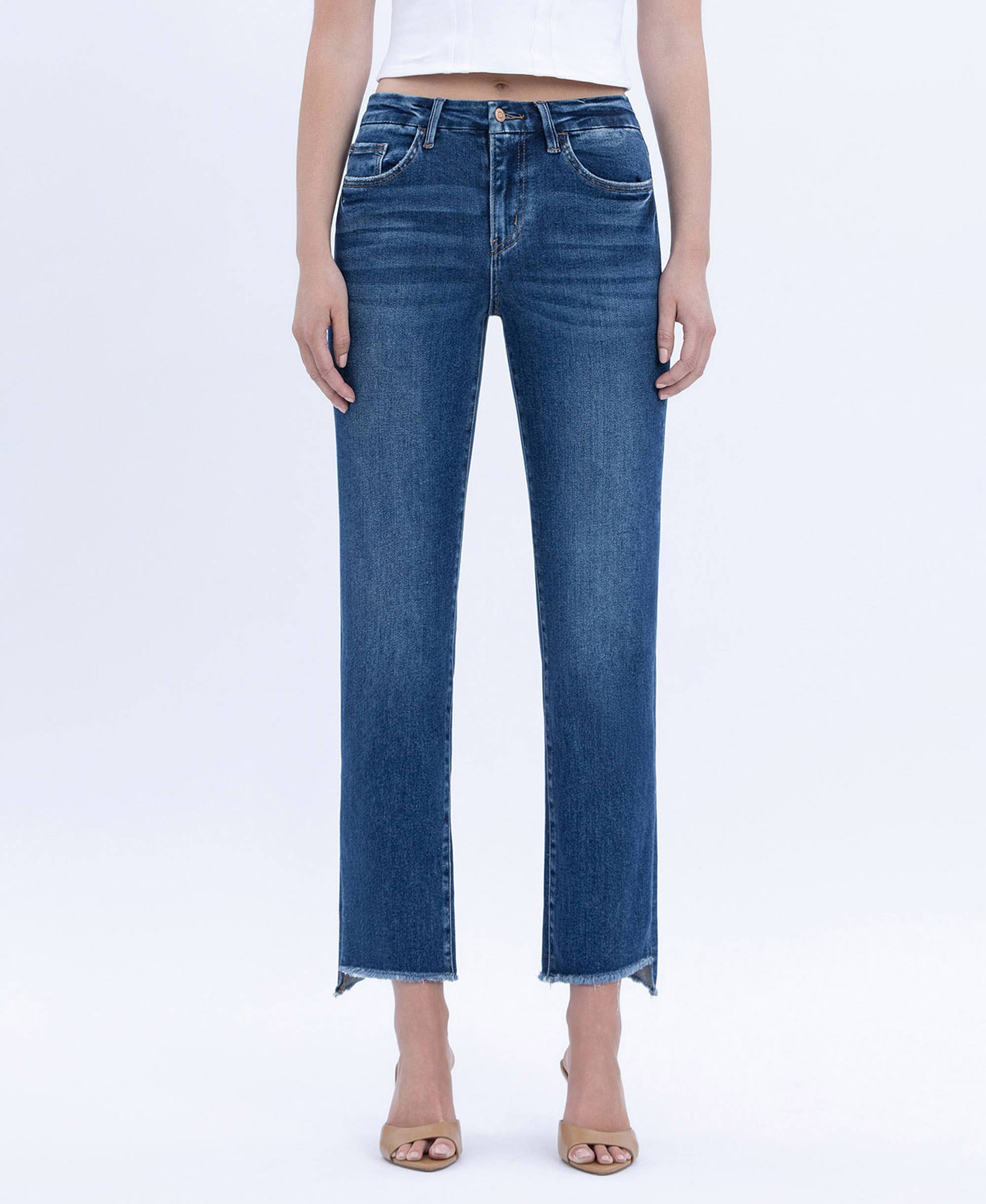 Flying Monkey High Rise Raw Slant Hem Slim Straight Jeans
