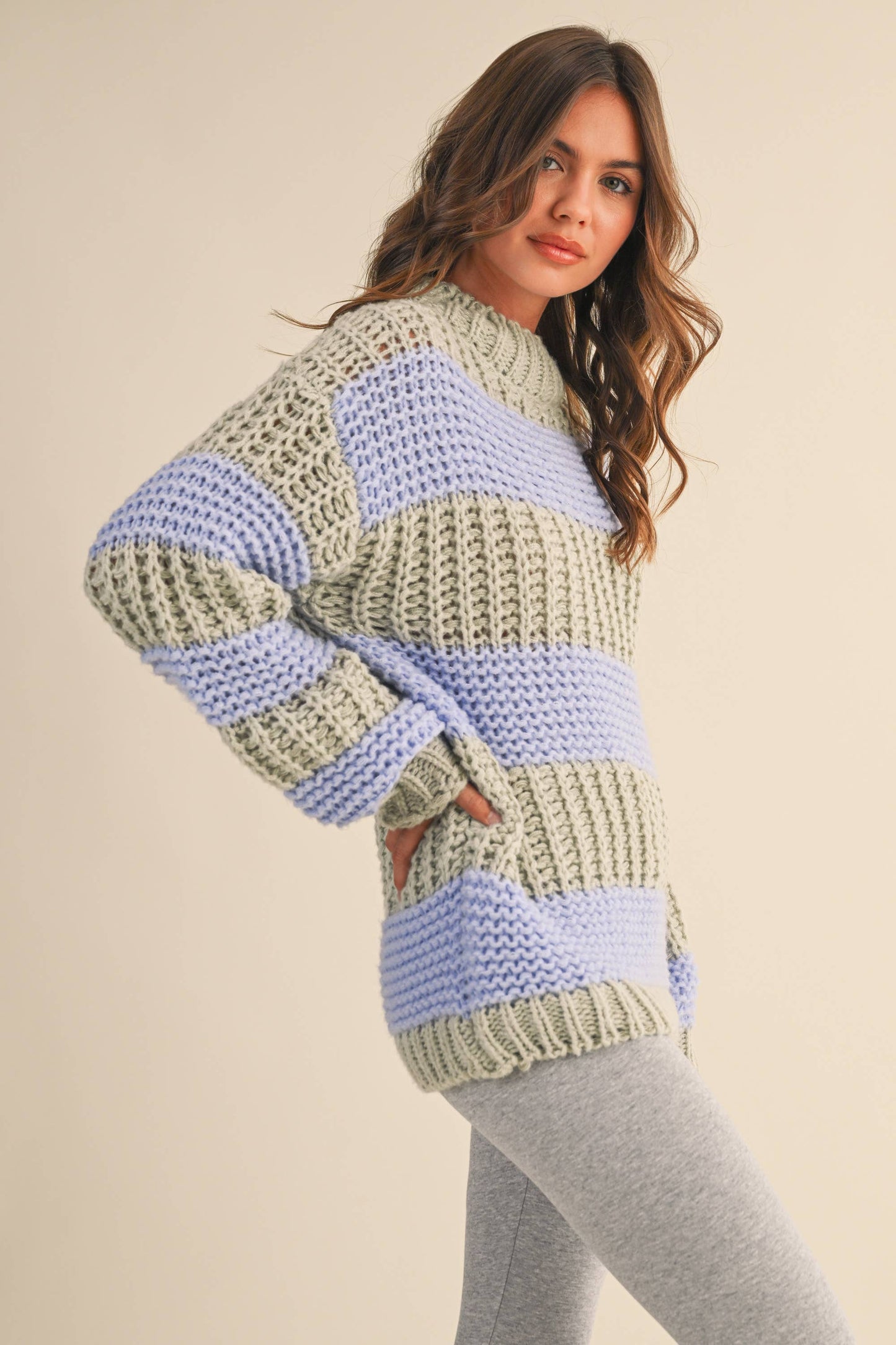 STRIPED COLOR BLOCK CHUNKY SWEATER TOP