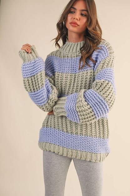 STRIPED COLOR BLOCK CHUNKY SWEATER TOP