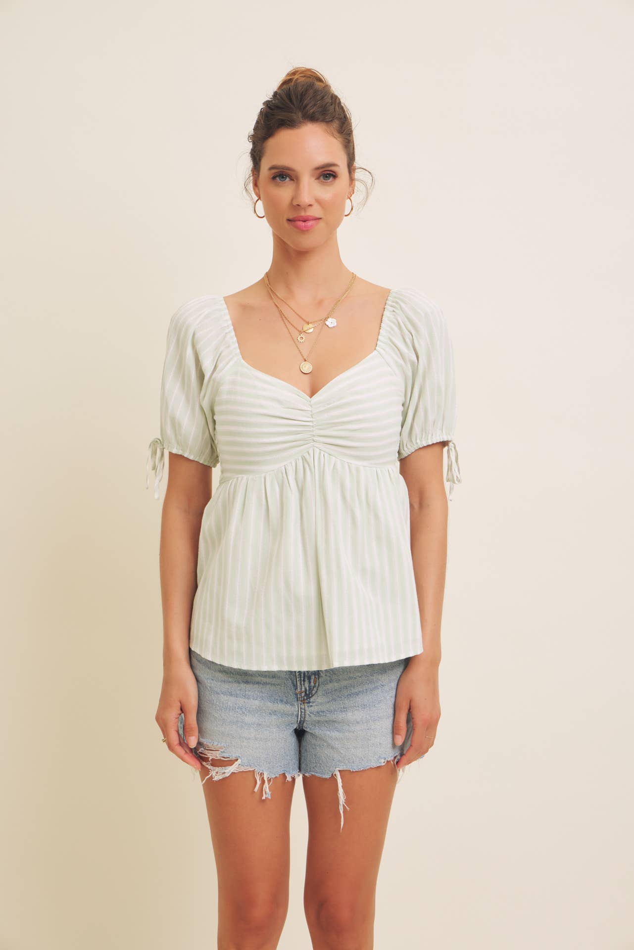 MADE FOR SUNSHINE, TEXTURED STRIPE BABYDOLL TOP WITH BOWS