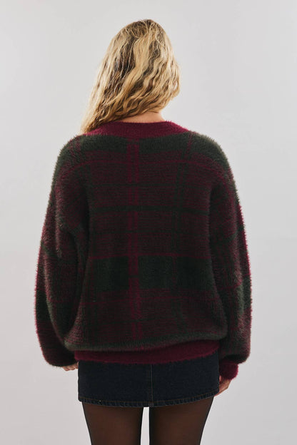 V-NECK LINE PLAID KNIT SWEATER TOP