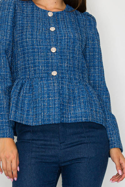 Classic Boucle Peplum Jacket in Denim Blue - LWJ1172