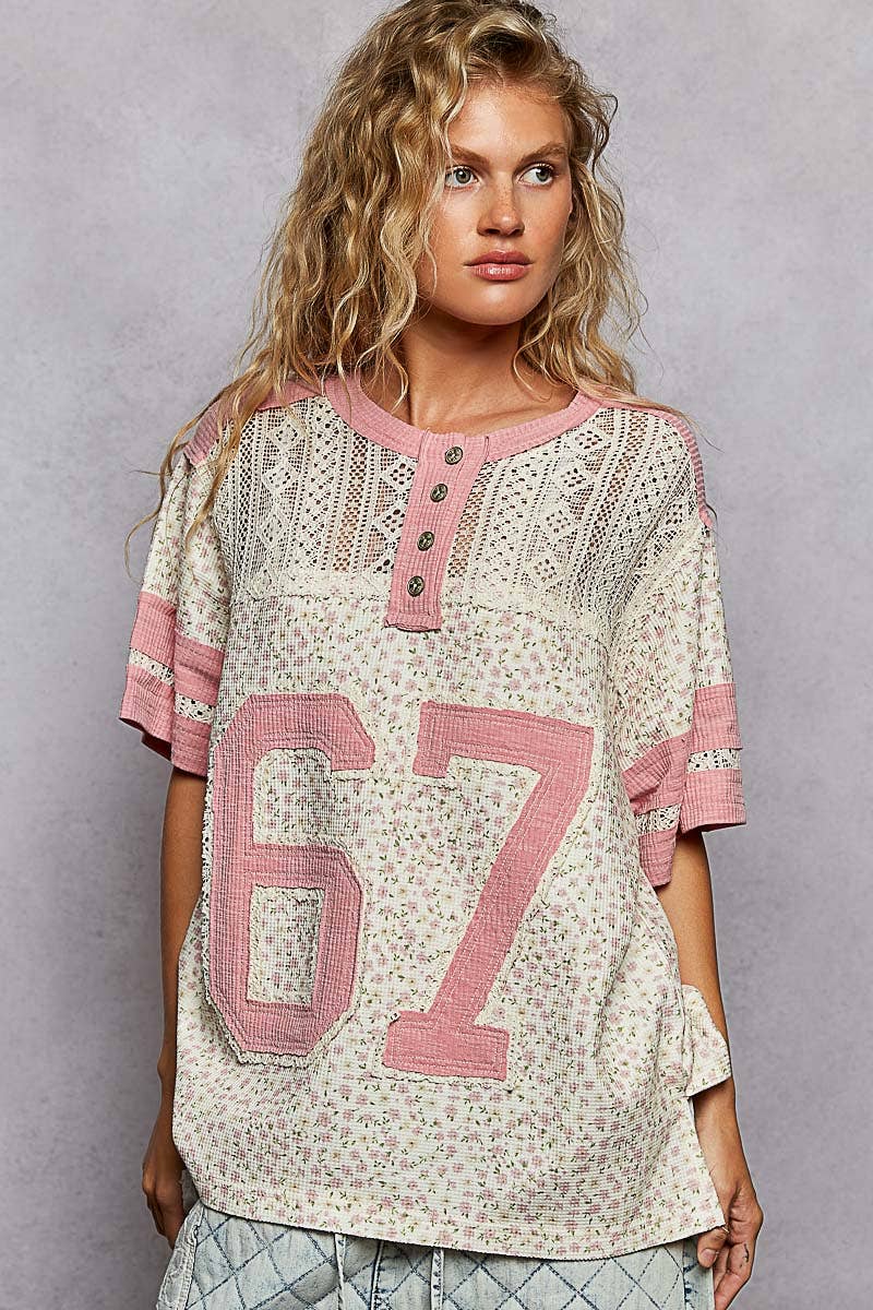 Round neck short sleeve floral print knit top
