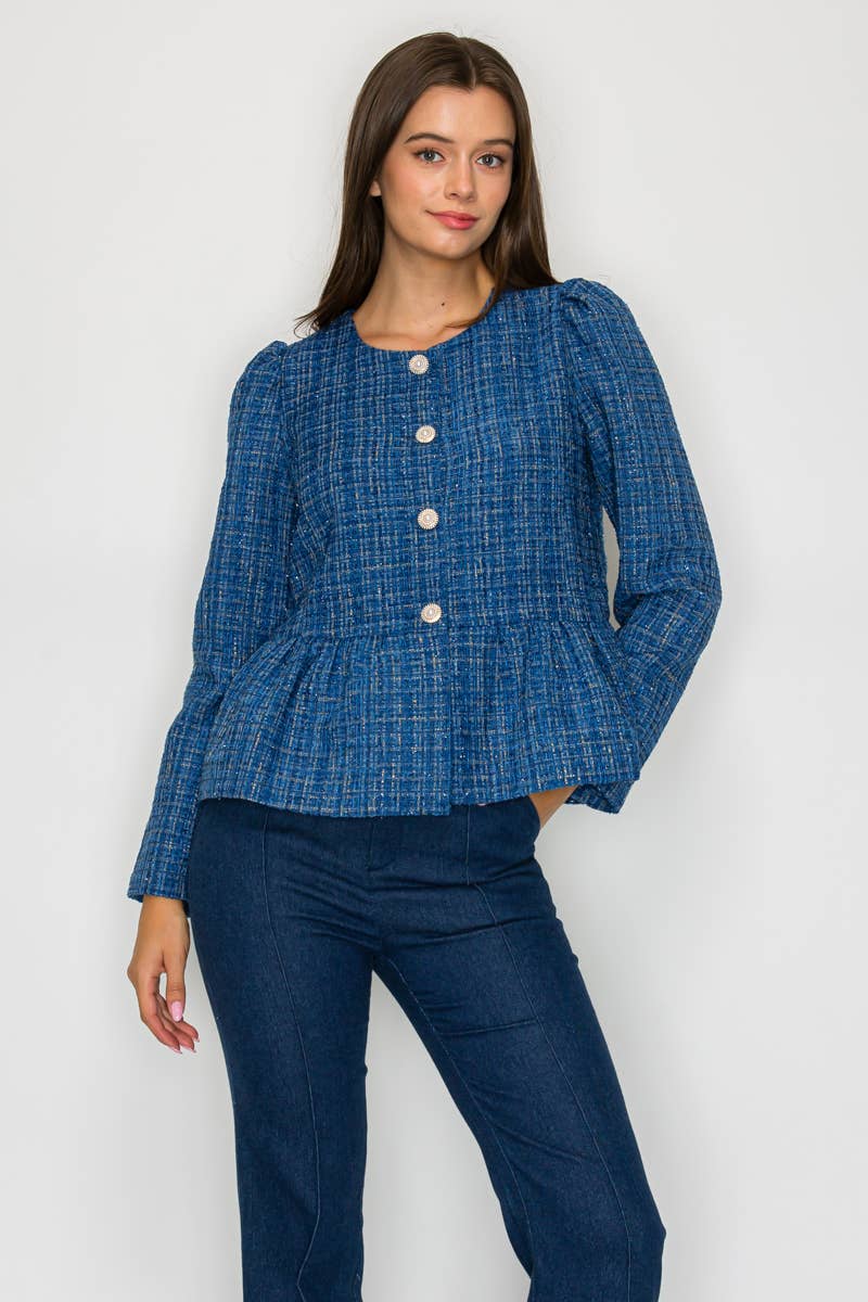 Classic Boucle Peplum Jacket in Denim Blue - LWJ1172