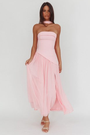 One and Only Strapless Bandeau Halter Pink Maxi Dress