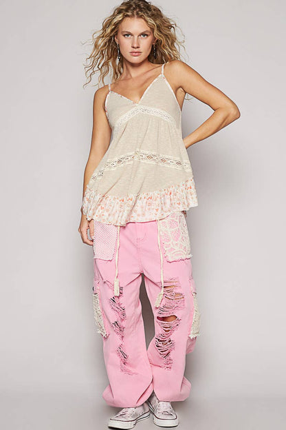 V-neck sleeveless floral print contrast tunic top SALE