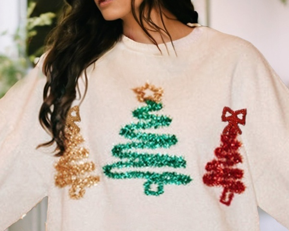 Tinsel Christmas Tree Pattern Casual Sweatshirt