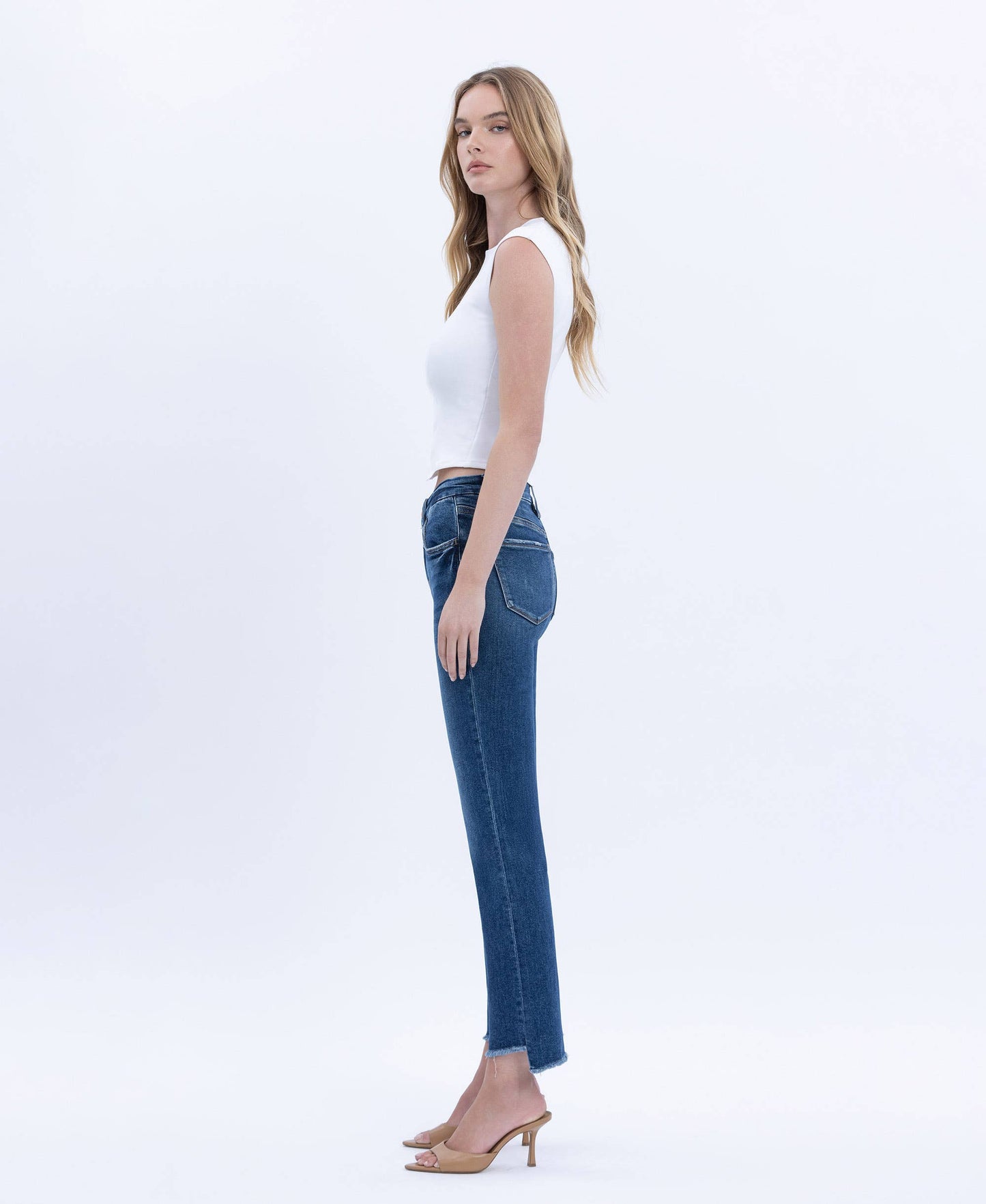 High Rise Raw Slant Hem Slim Straight Jeans