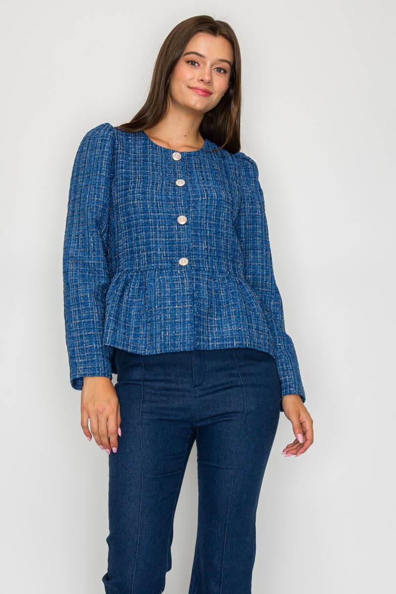 Classic Boucle Peplum Jacket in Denim Blue - LWJ1172