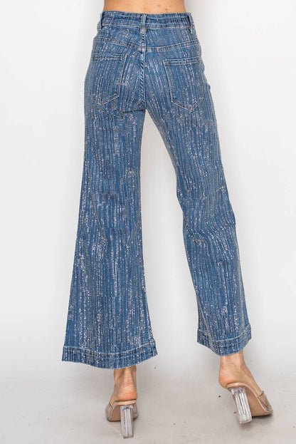 NR2322 - Stone embellished 5 pocket blue denim wide leg jean